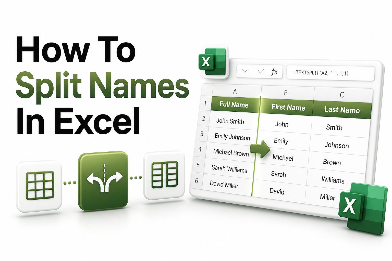 Excel spreadsheet showing full names split into first and last name columns